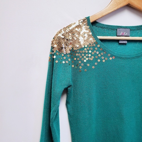 Gold Sequin Green Crewneck Sweater S - Picture 3 of 5